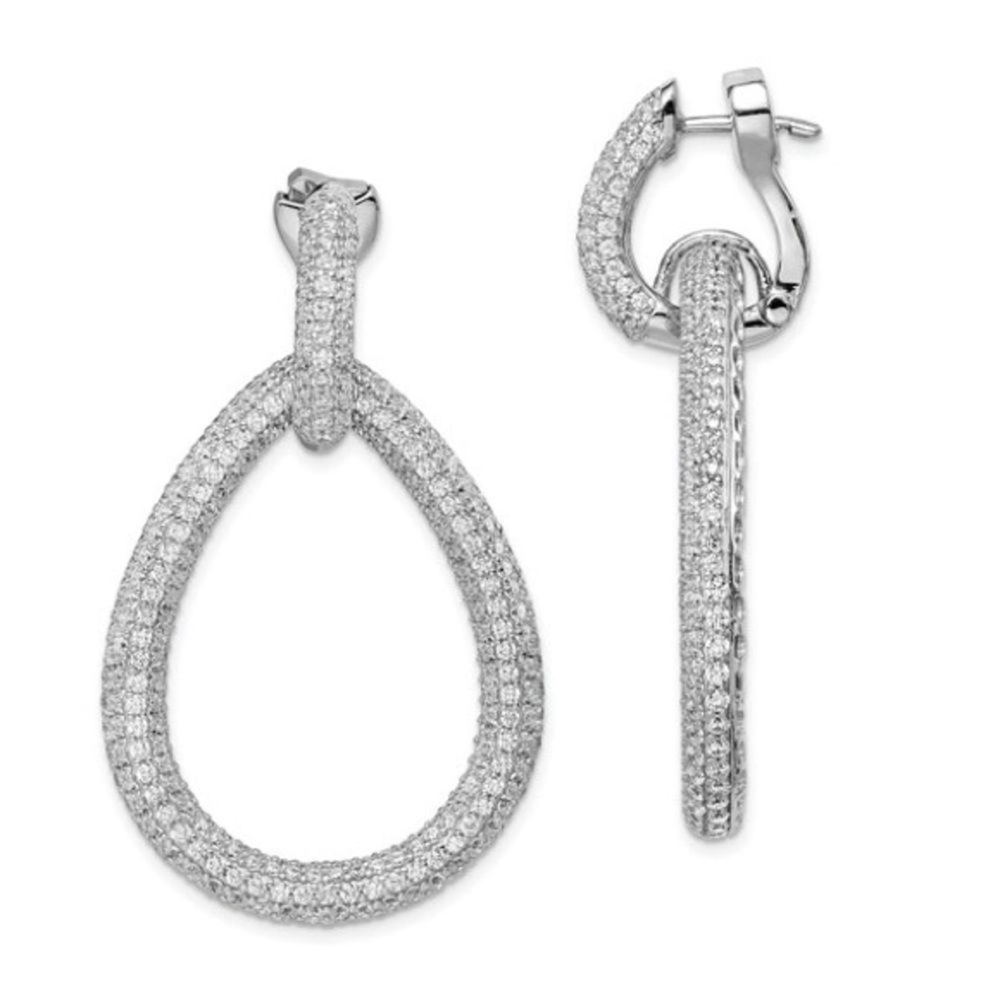 Sterling Silver Rhodium-plated 716 Stone Pavé CZ Hinged Teardrop Hoop Earrings