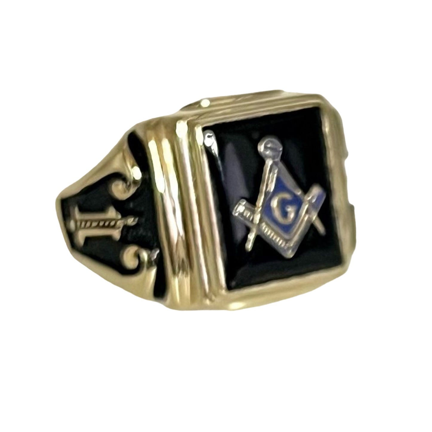 New 10k Men's Polished and Textured with Black Enamel and Onyx Masonic Ring