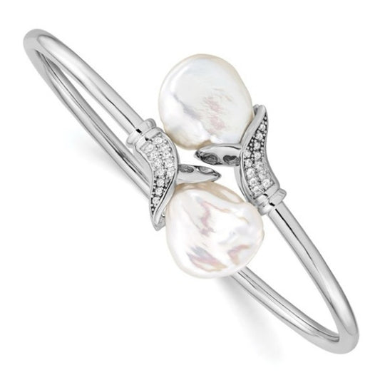 Sterling Silver Rhodium-Plated 16-17mm White Keshi Pearl & CZ Flexible Bangle