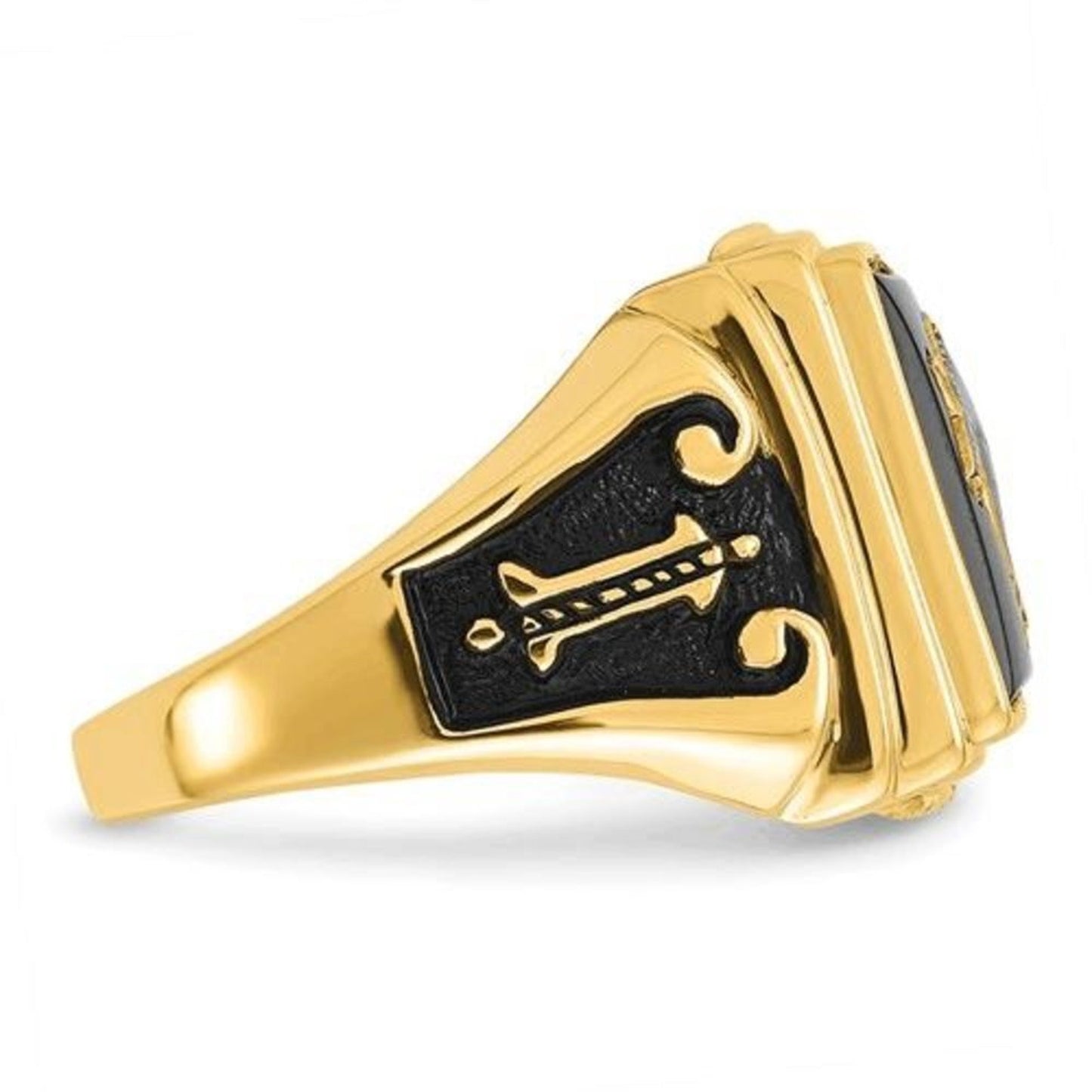 New 10k Men's Polished and Textured with Black Enamel and Onyx Masonic Ring