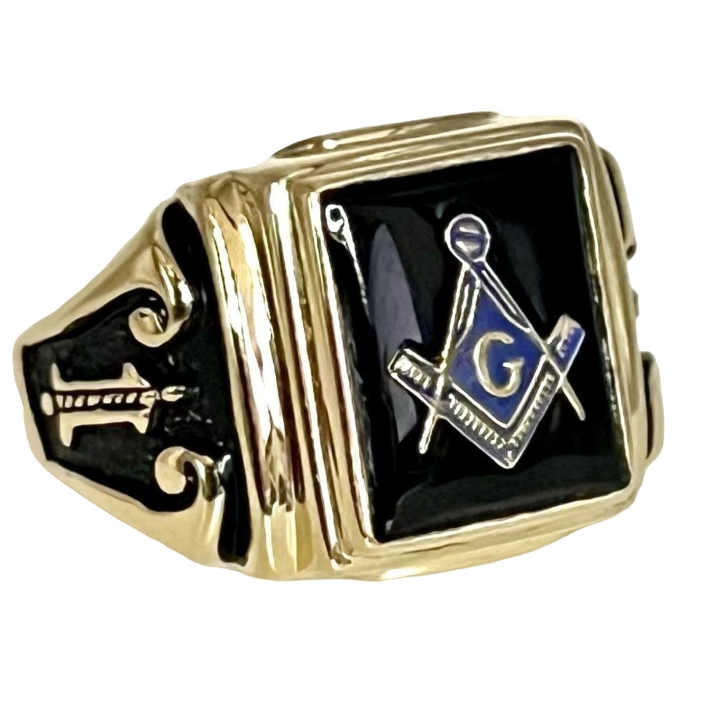 New 10k Men's Polished and Textured with Black Enamel and Onyx Masonic Ring