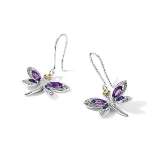 Silver & 14k Rhodium-Plated Amethyst, Iolite & Diamond Dragonfly Earrings