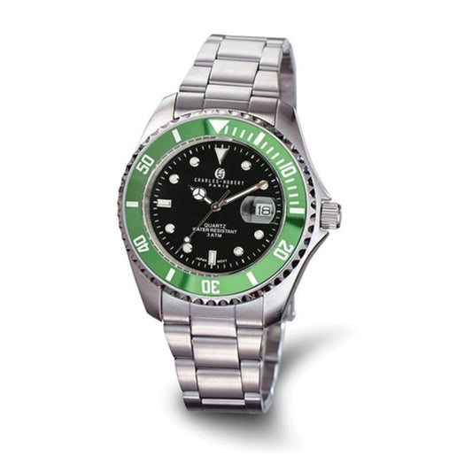 Charles Hubert Men's Stainless Steel Watch - Black Dial - Green Bezel - 40mm