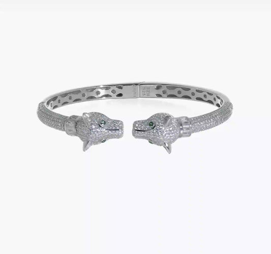 Sterling Silver Rhodium-plated Polished CZ Lioness Hinged Cuff Bangle