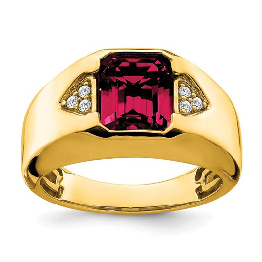 14k Emerald-cut Created Ruby and Diamond Mens Ring