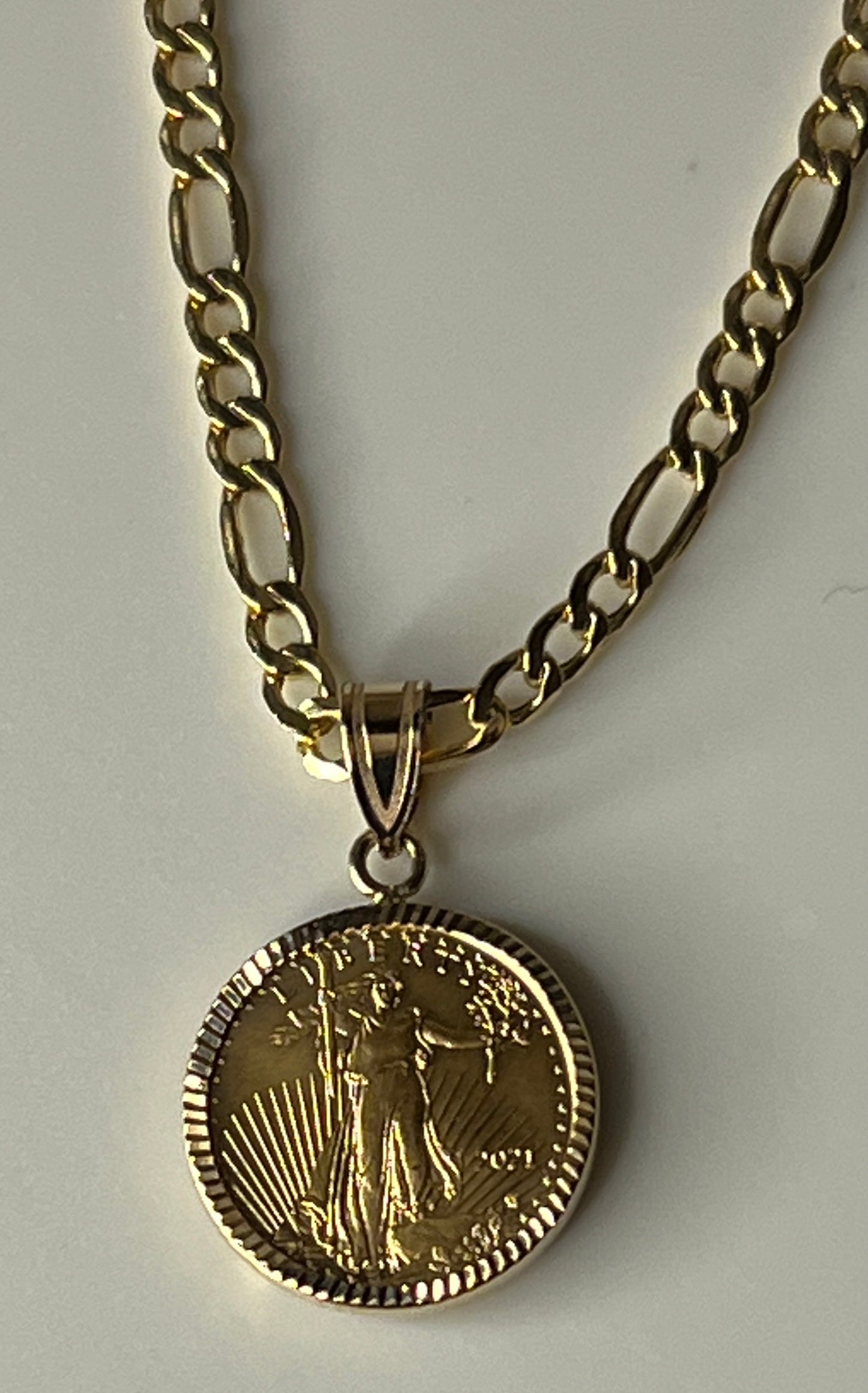 Wideband 14k Gold Diamond Cut Prong Bezel with 22k Gold Liberty Type 2 Coin