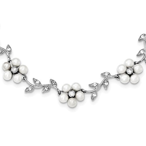 Sterling Silver Freshwater Cultured Pearl and CZ Floral Necklace