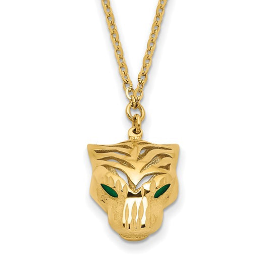 14k Polished Diamond Cut Green Enamel Tiger Necklace with free gift