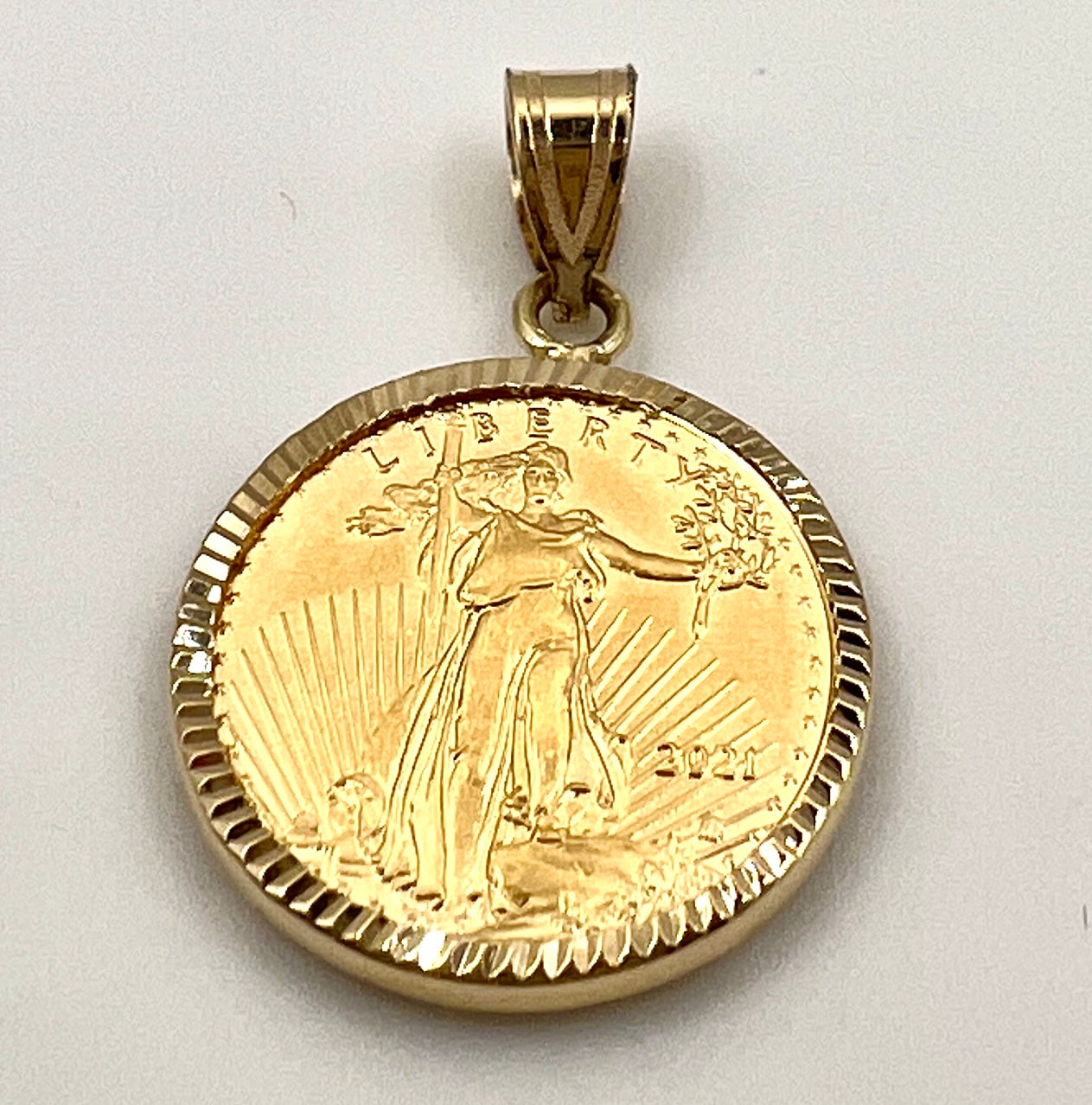 Wideband 14k Gold Diamond Cut Prong Bezel with 22k Gold Liberty Type 2 Coin