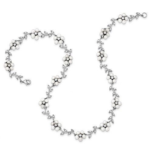 Sterling Silver Freshwater Cultured Pearl and CZ Floral Necklace