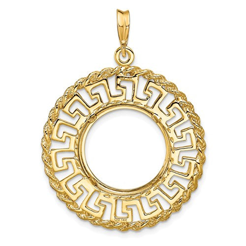 14k Greek Key with Rope Border Prong Coin Bezel Pendant