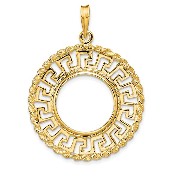 14k Greek Key with Rope Border Prong Coin Bezel Pendant