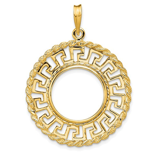 14k Greek Key with Rope Border Prong Coin Bezel Pendant