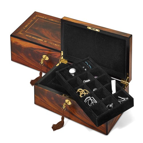 Tiger Wood Veneer Matte Finish with Inlay Design Locking Jewelry Box