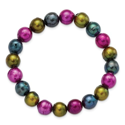 Fuchsia, Olive and Peacock 10mm Freshwater Cultured Pearl Stretch Bracelet