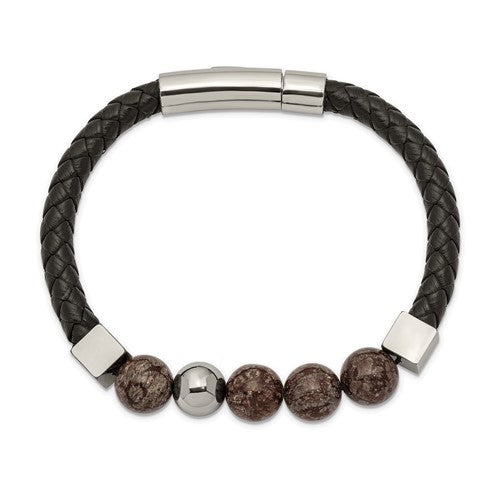 Chisel Stainless Steel Polished with Labradorite Beads Black Leather 8.5 inch Bracelet