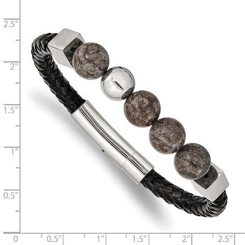 Chisel Stainless Steel Polished with Labradorite Beads Black Leather 8.5 inch Bracelet