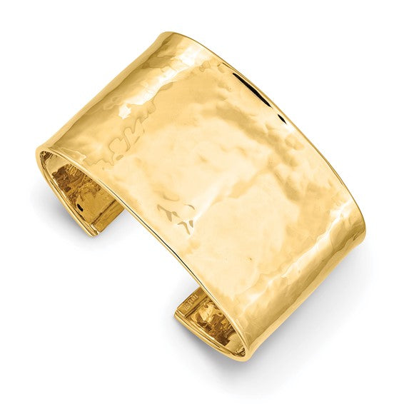 14K Yellow Gold Hammered Cuff Bangle – Wide 37mm, Solid, Made in Italy
