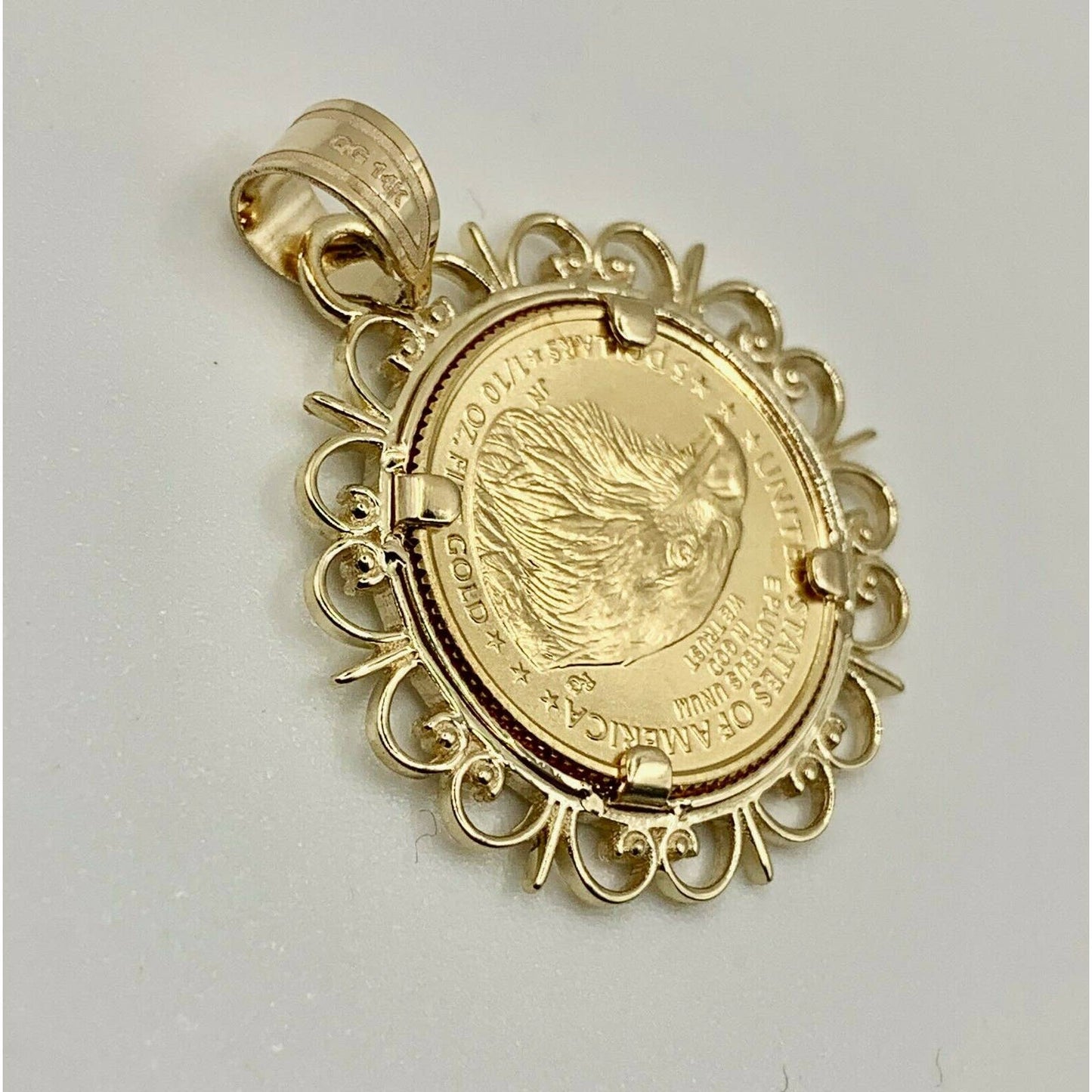 22k Gold 1/10 oz. Lady Liberty Coin mounted in 14k Gold Filigree Design Bezel, by WideBand