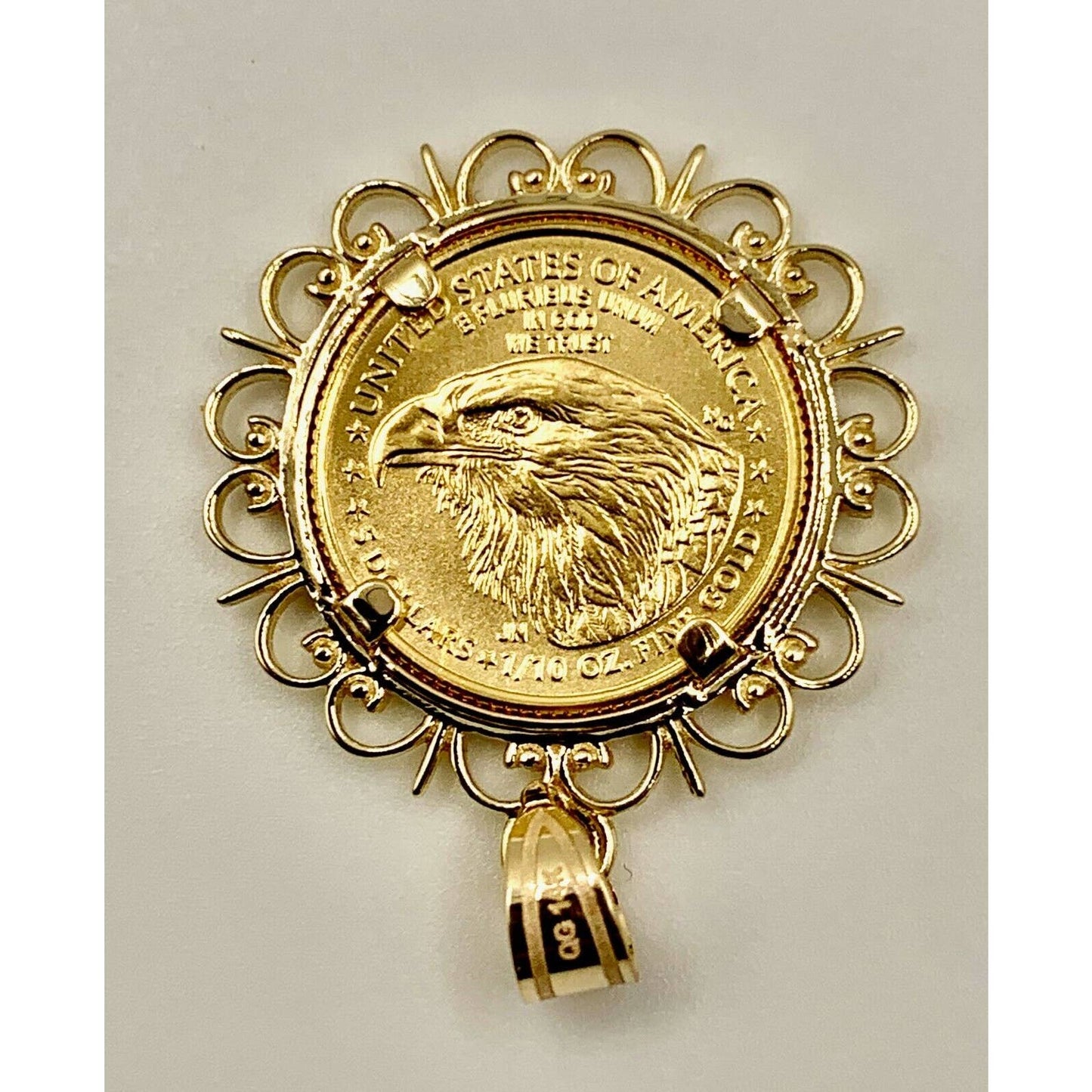 22k Gold 1/10 oz. Lady Liberty Coin mounted in 14k Gold Filigree Design Bezel, by WideBand