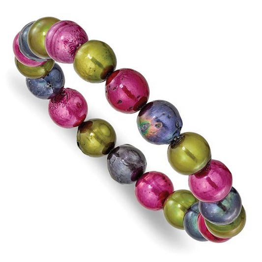 Fuchsia, Olive and Peacock 10mm Freshwater Cultured Pearl Stretch Bracelet
