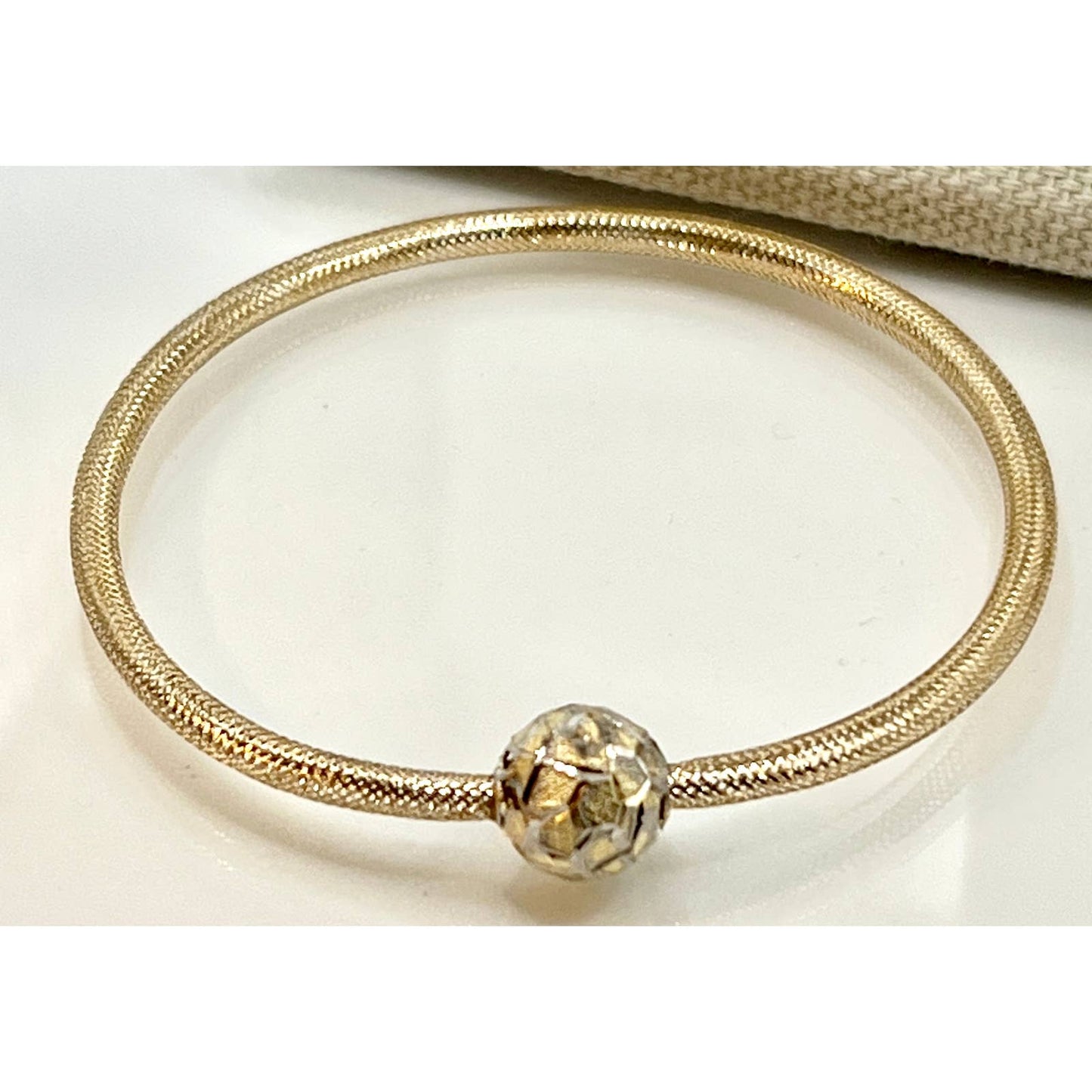 14k Gold Stretch Mesh Bracelet with Gold Ball Charm