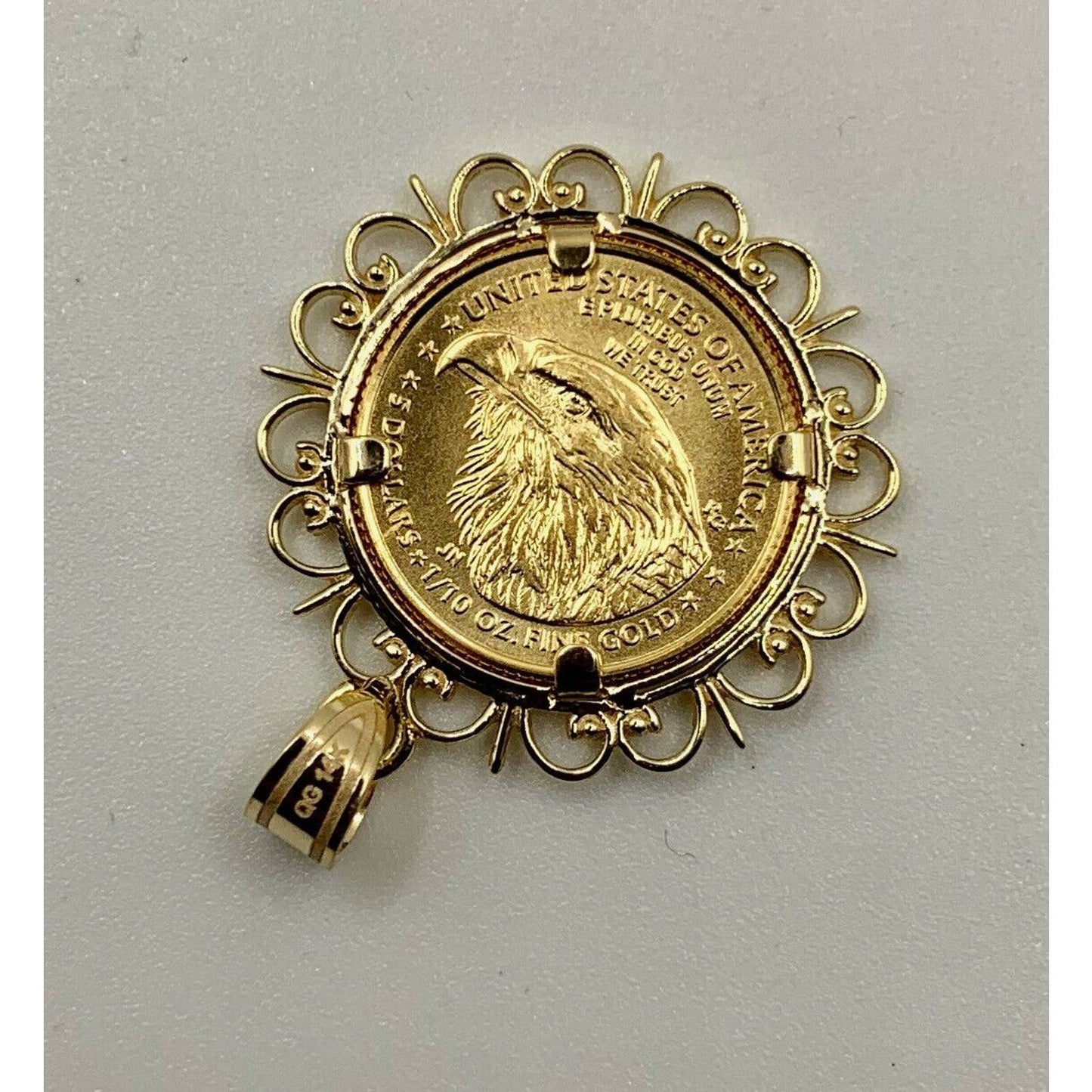 22k Gold 1/10 oz. Lady Liberty Coin mounted in 14k Gold Filigree Design Bezel, by WideBand