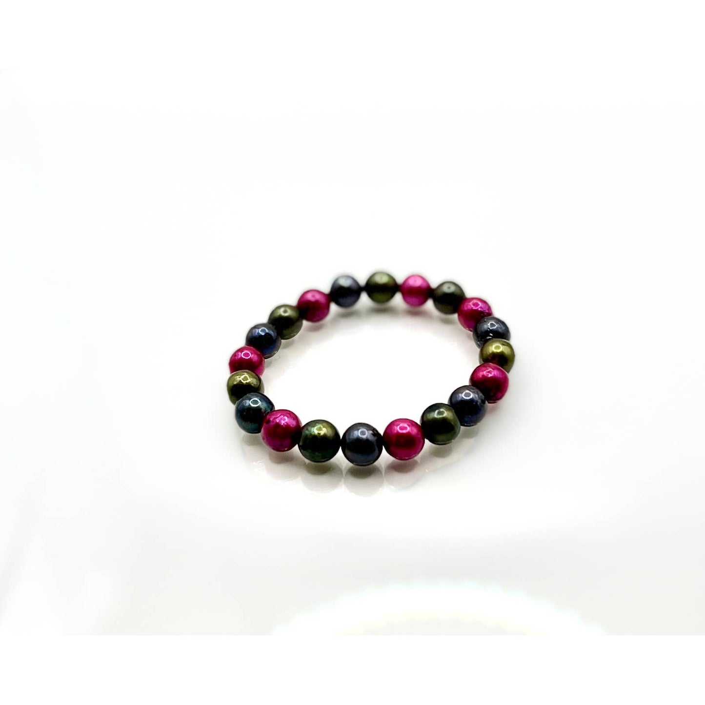 Fuchsia, Olive and Peacock 10mm Freshwater Cultured Pearl Stretch Bracelet