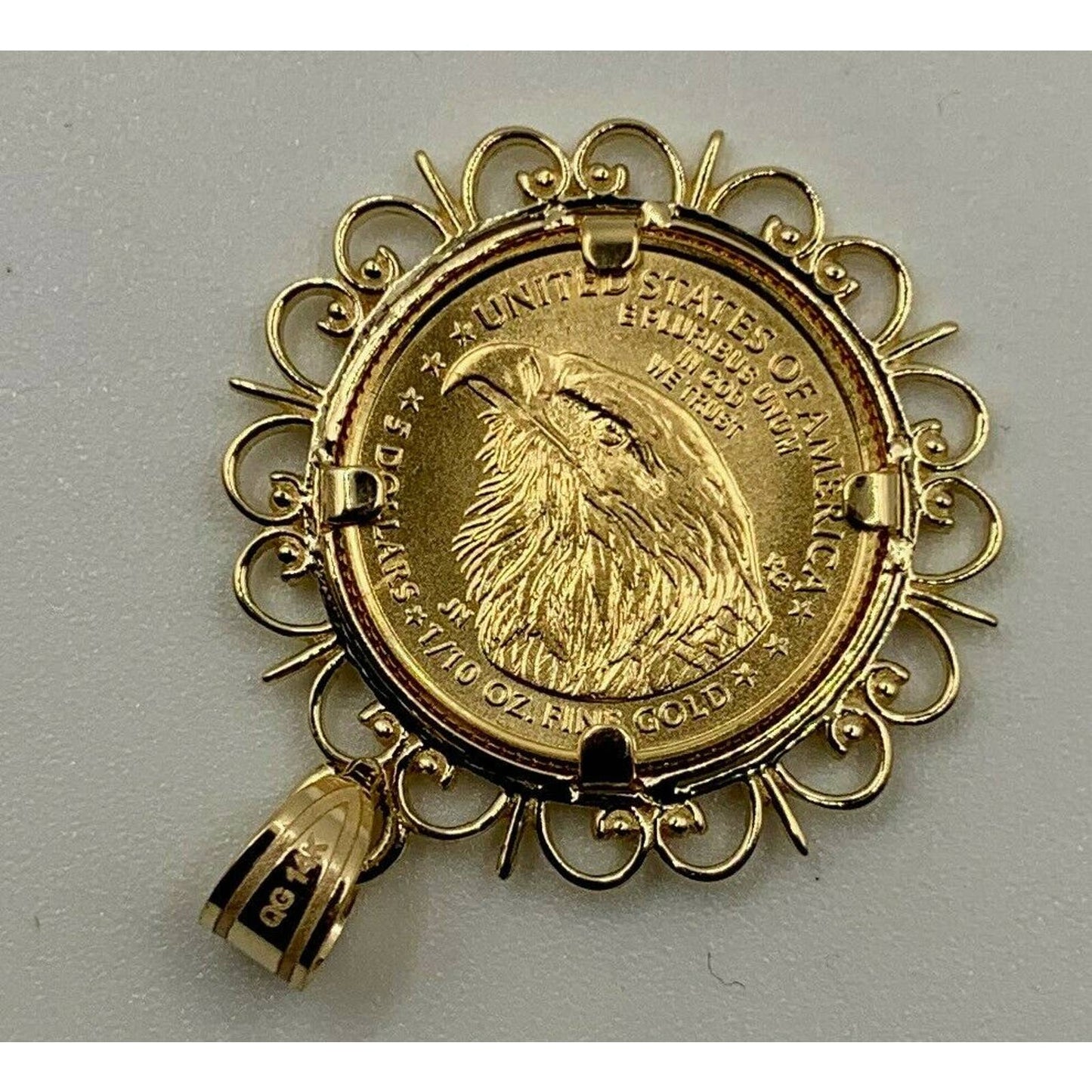 22k Gold 1/10 oz. Lady Liberty Coin mounted in 14k Gold Filigree Design Bezel, by WideBand