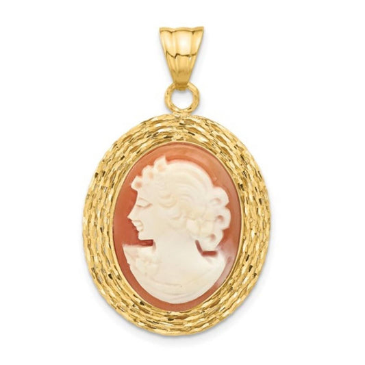 New, 14K Diamond-cut Natural Shell Portrait Cameo Pendant