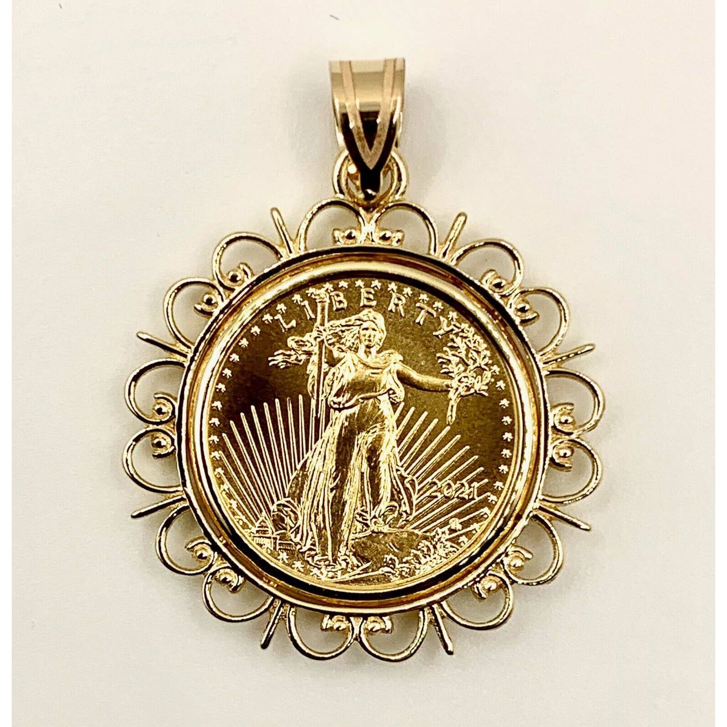 22k Gold 1/10 oz. Lady Liberty Coin mounted in 14k Gold Filigree Design Bezel, by WideBand