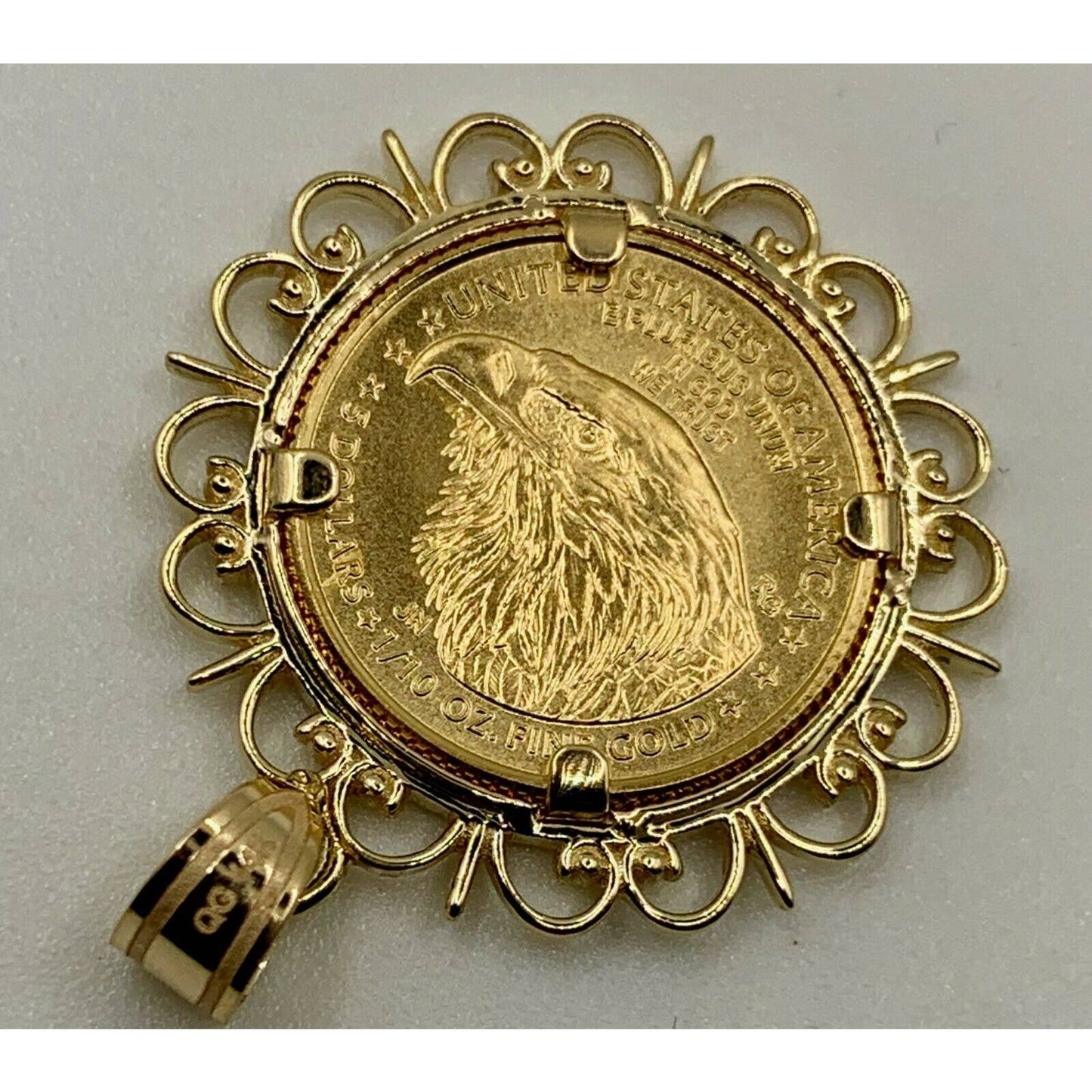 22k Gold 1/10 oz. Lady Liberty Coin mounted in 14k Gold Filigree Design Bezel, by WideBand