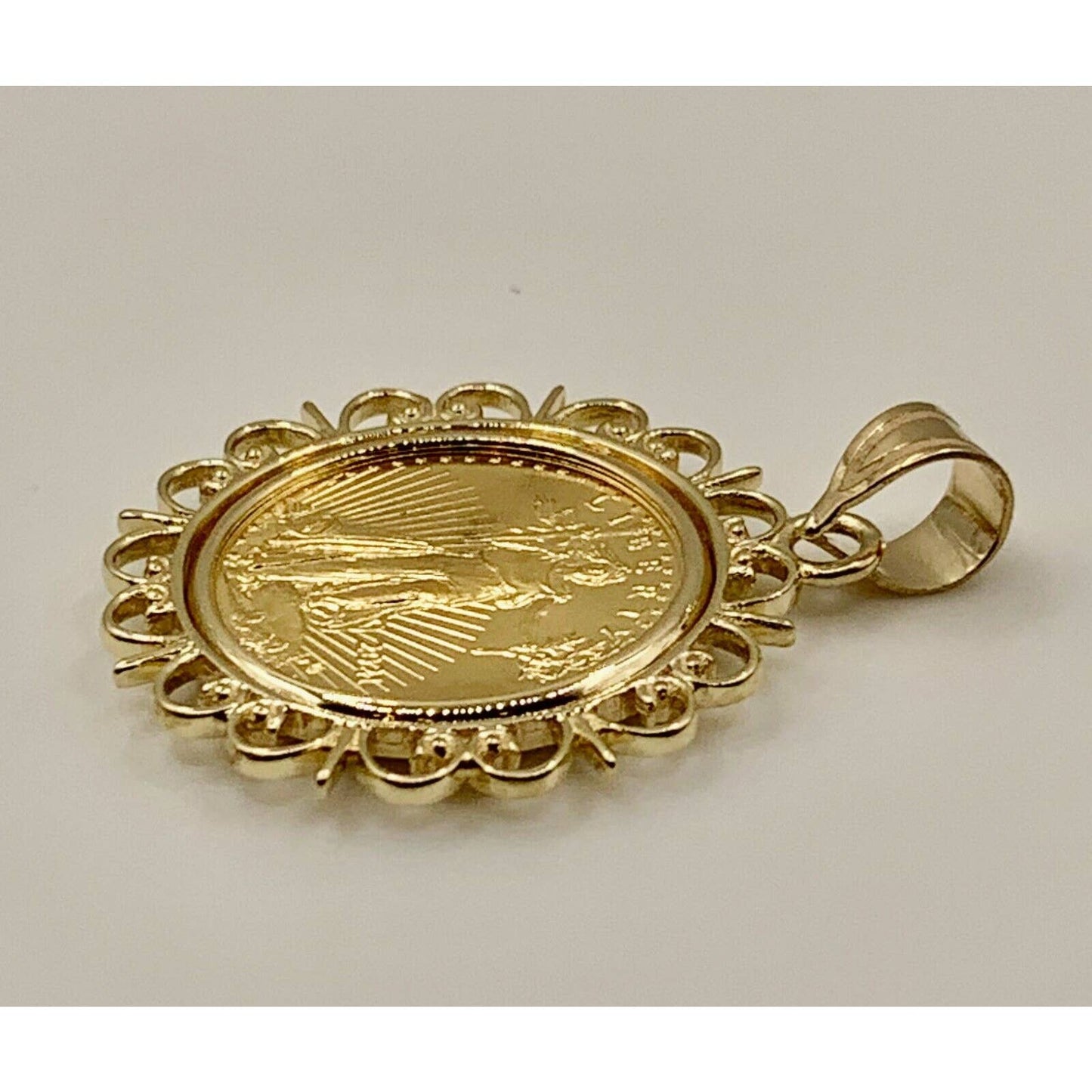 22k Gold 1/10 oz. Lady Liberty Coin mounted in 14k Gold Filigree Design Bezel, by WideBand