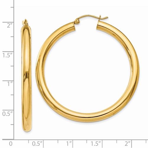 14k Yellow Gold 4mm Round Tube Hoop Earrings. 45mm Diameter.