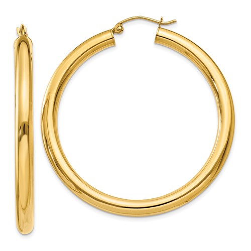 14k Yellow Gold 4mm Round Tube Hoop Earrings. 45mm Diameter.