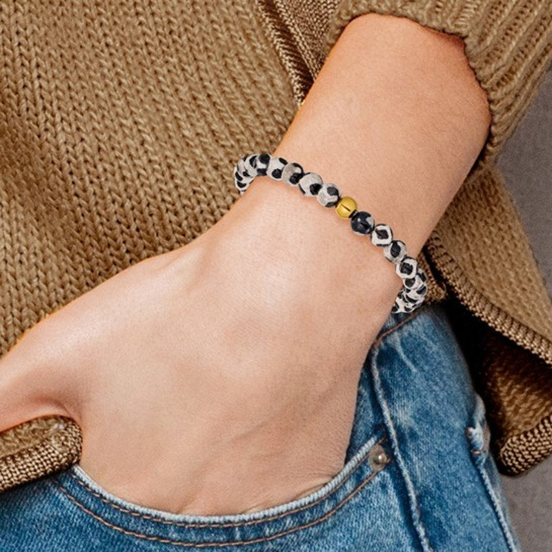 Chisel Stainless Steel Yellow IP-Plated Black Spot Agate Beaded Bracelet – 6.25” Stretch