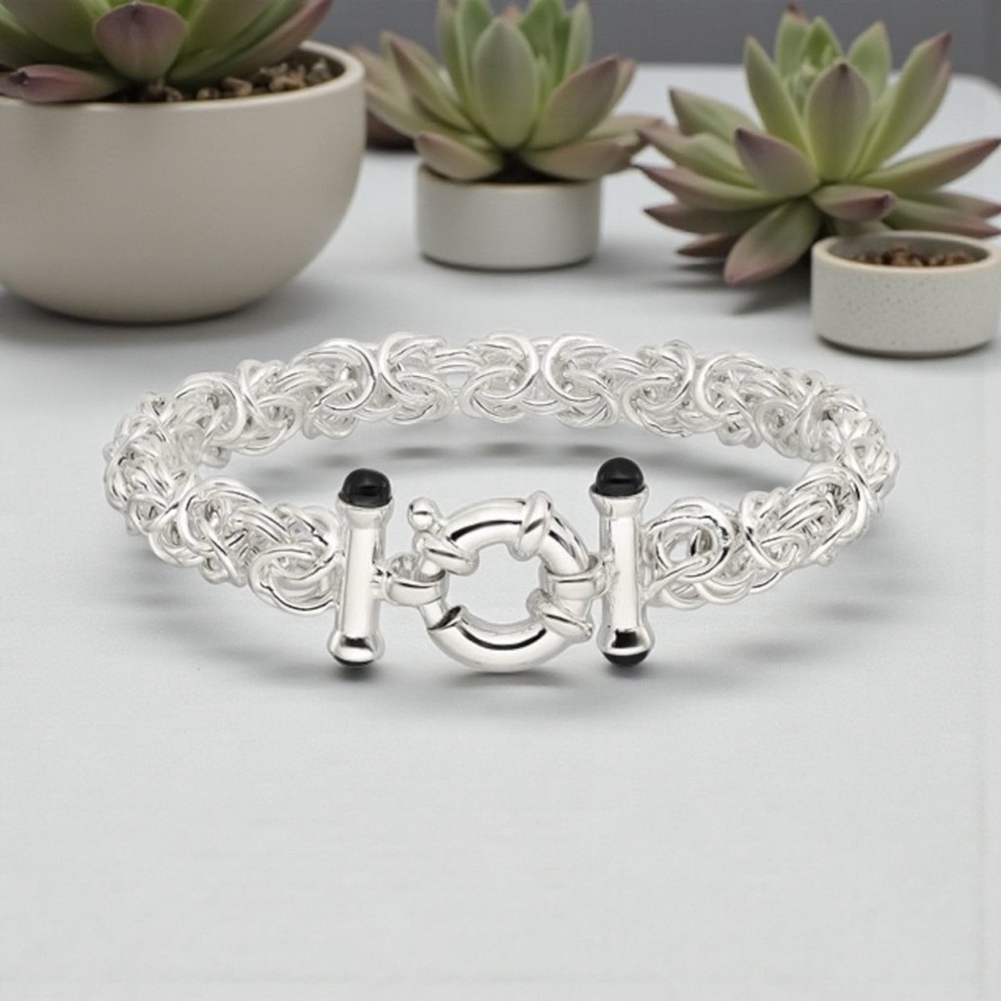 925 Solid Sterling Silver Black Onyx Byzantine Bracelet – 8" long- Brand New