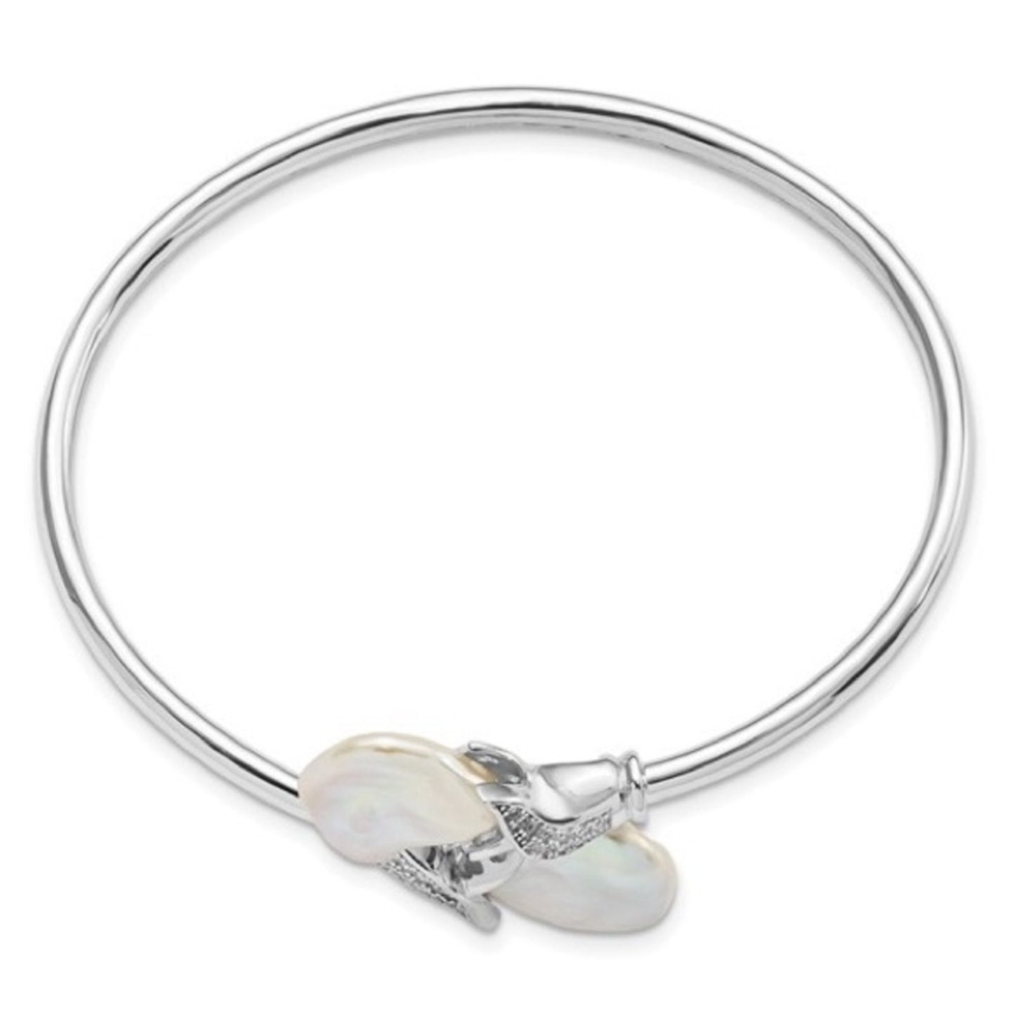 Sterling Silver Rhodium-Plated 16-17mm White Keshi Pearl & CZ Flexible Bangle
