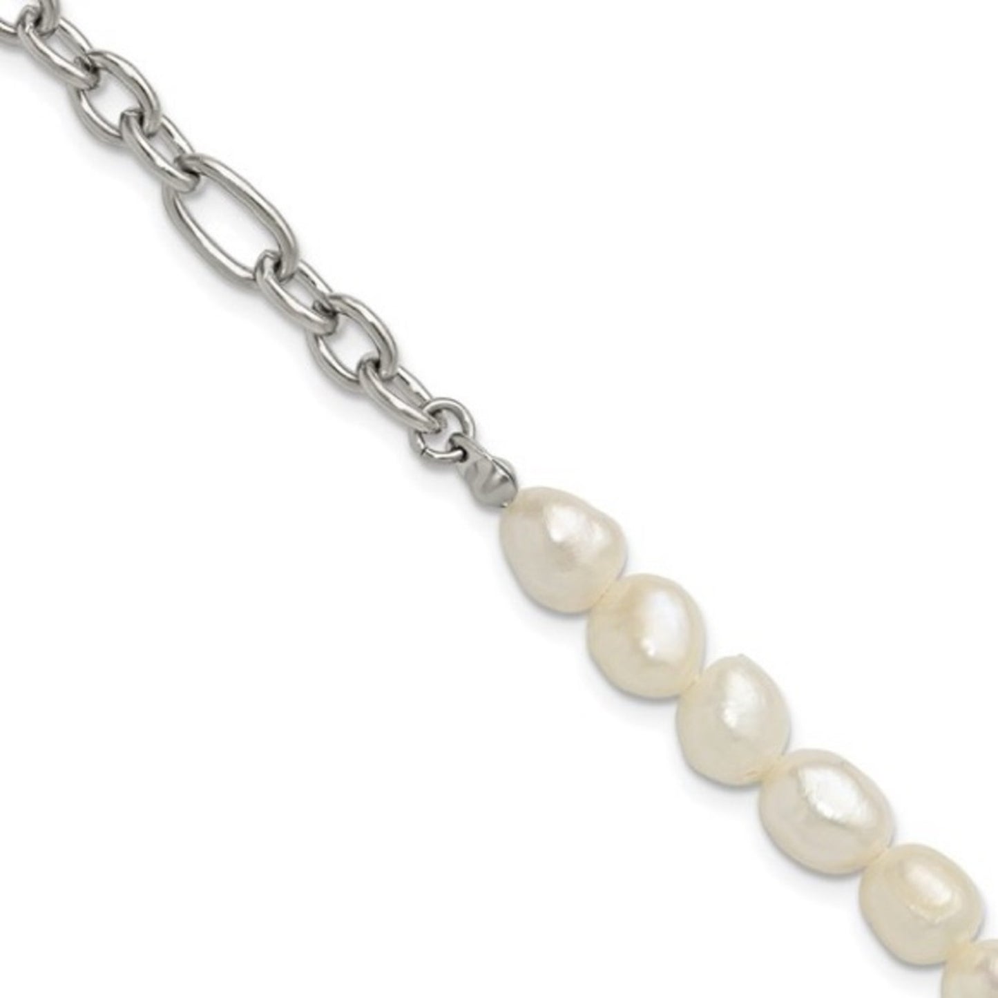 Chisel Stainless Steel Polished Half White Freshwater Cultured Pearl Bracelet