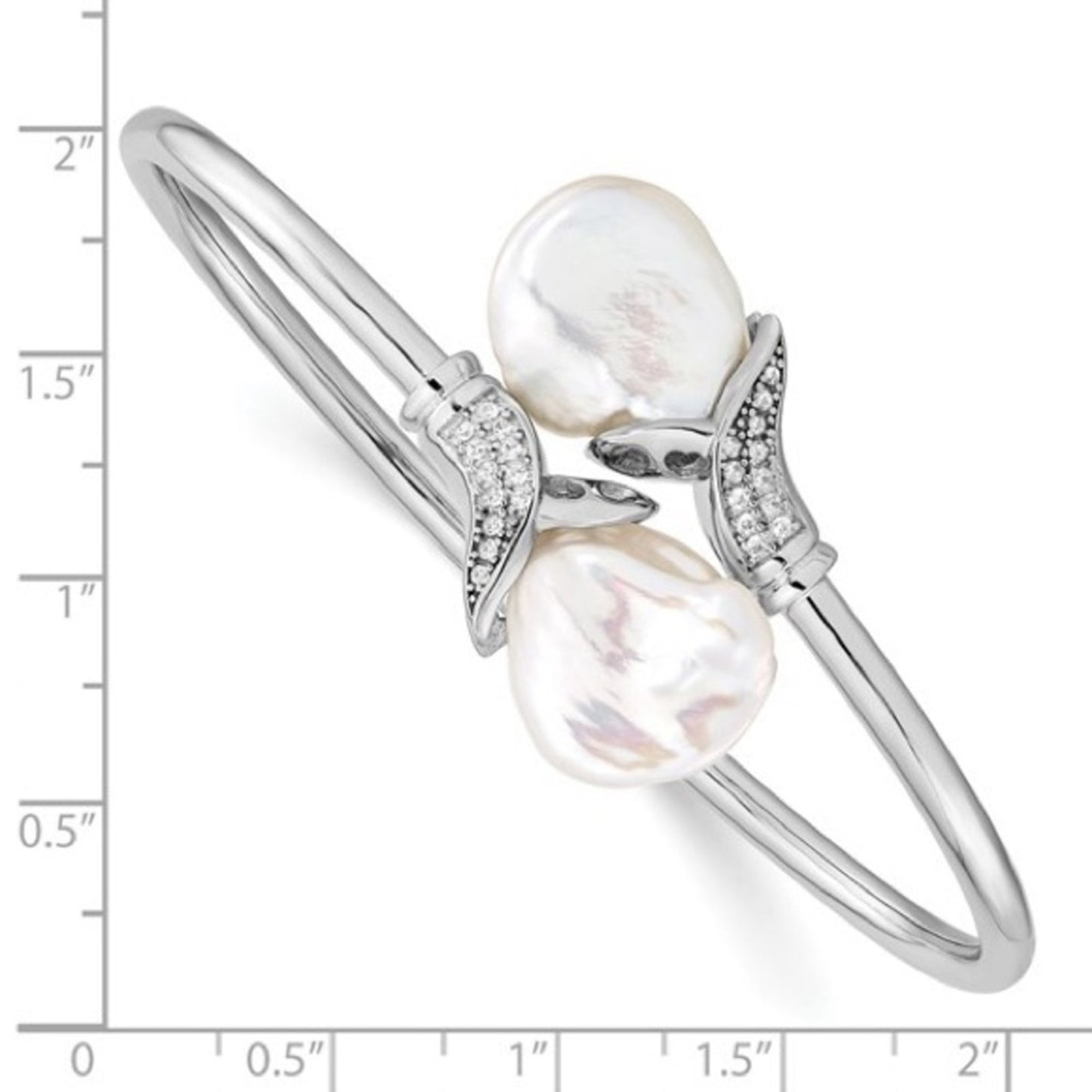 Sterling Silver Rhodium-Plated 16-17mm White Keshi Pearl & CZ Flexible Bangle