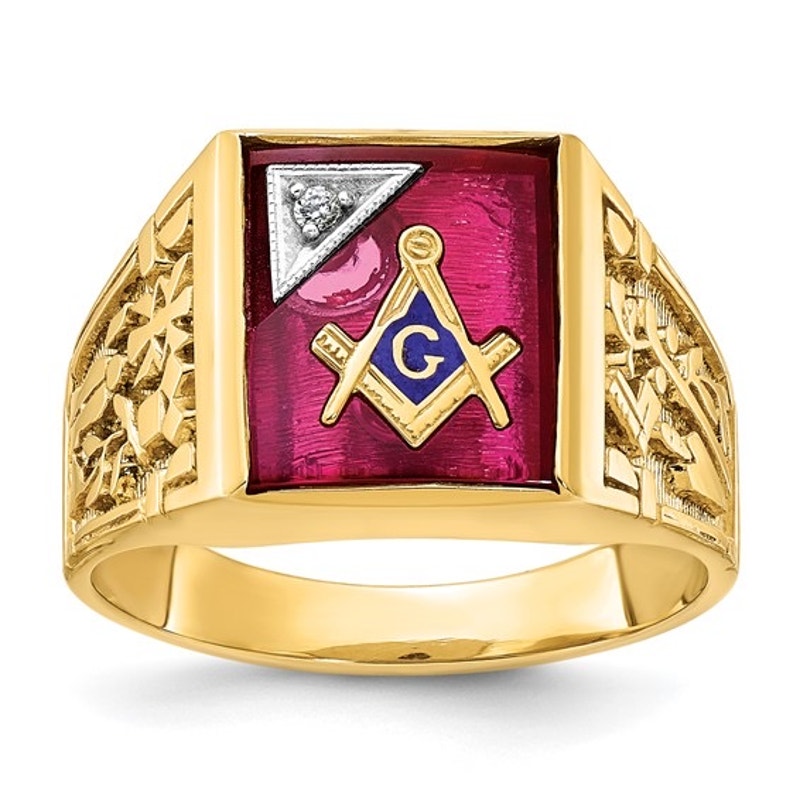 Men's 14k Gold Lab Created Ruby and Diamond Blue Lodge Master Masonic Ring