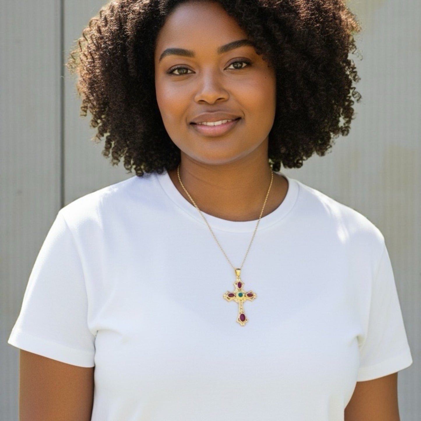 Vintage  14k Yellow Gold Cross with Rubies and Emerald