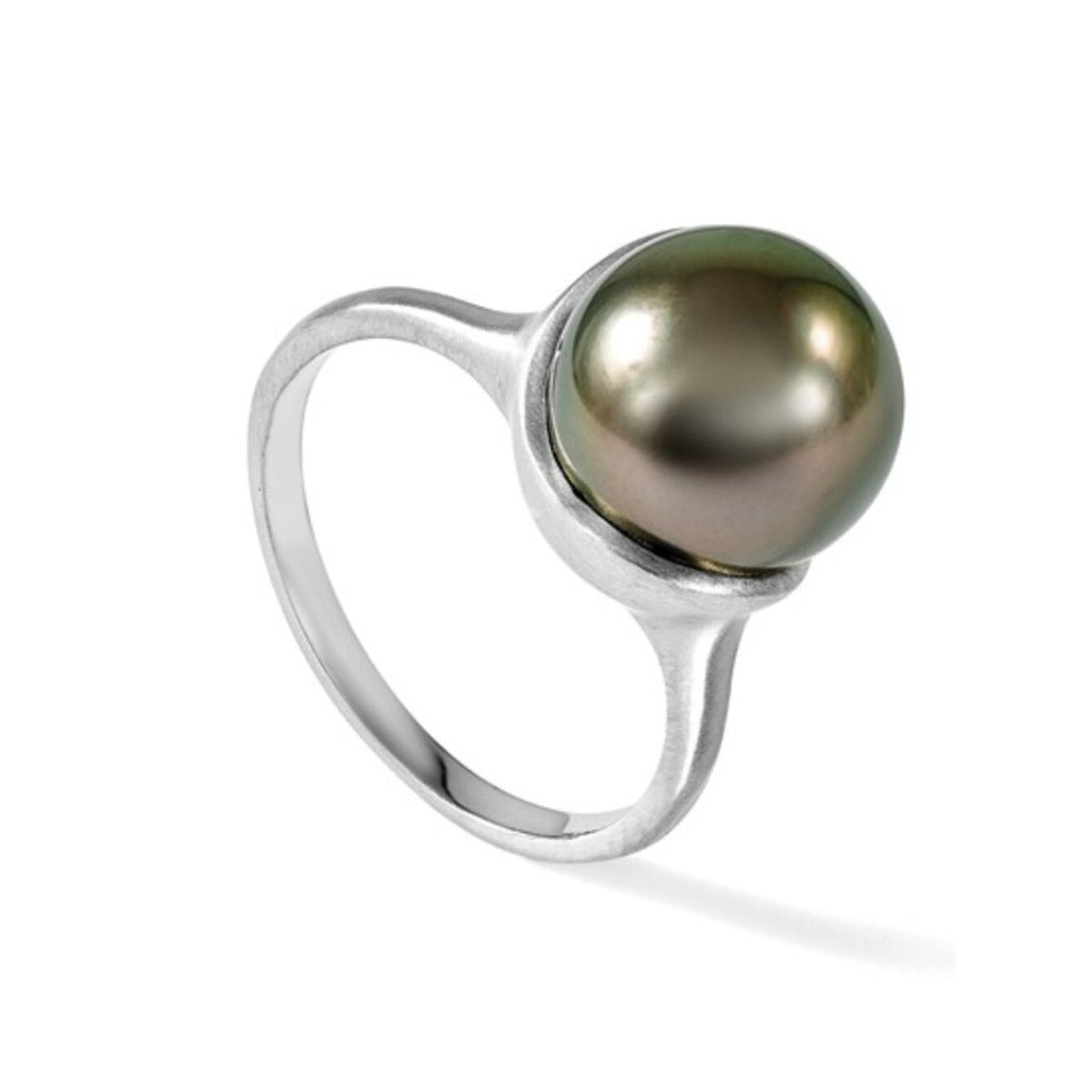 Modern Elegance: 14K White Gold Brushed Black Tahitian Pearl Ring