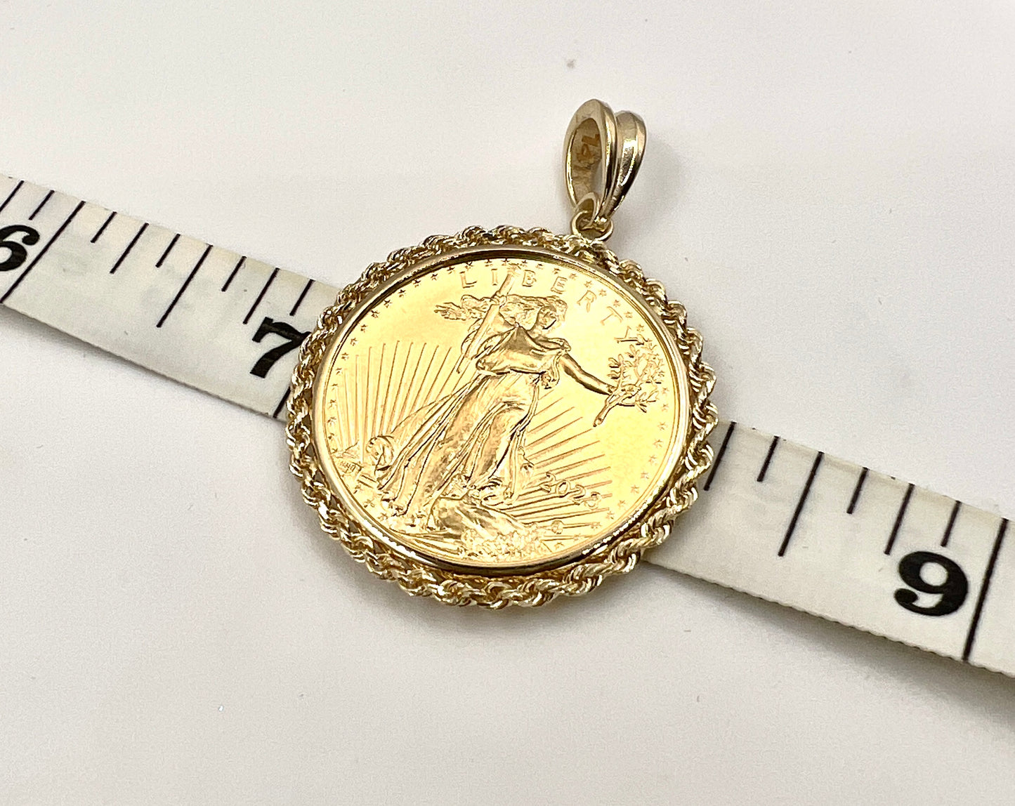 Wideband Distinguished Coin Jewelry 14k Polished Rope Mounted 1/2oz American Eagle Prong Coin Bezel Pendant