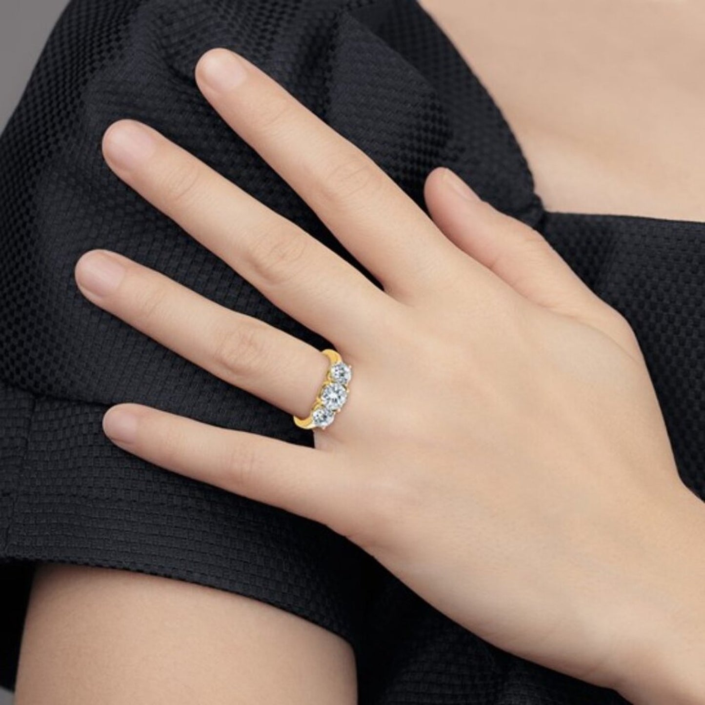 14K Yellow Gold 2.2 CT TRUE Light Moissanite Three Stone Engagement Ring