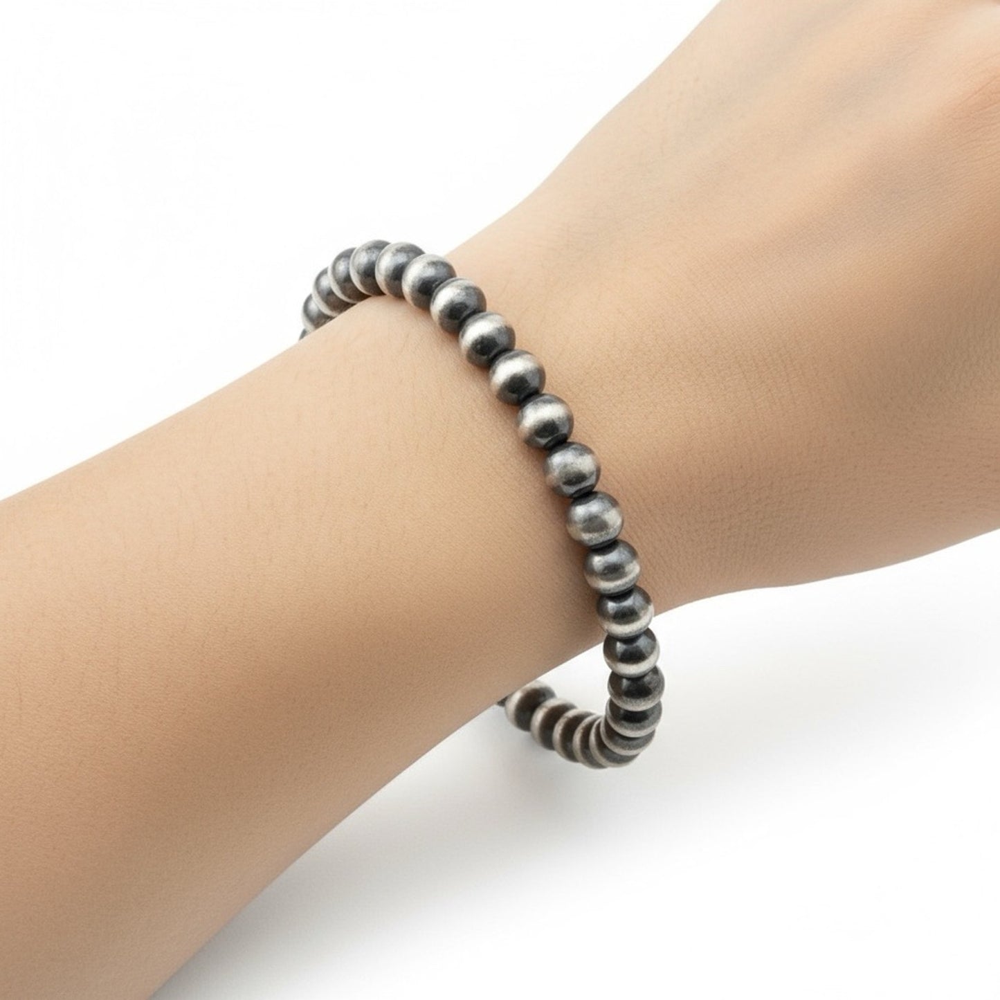 Sterling Silver 6.5in 4.00mm Navajo Style Beaded Stretch Bracelet