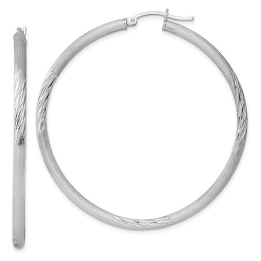 Sterling Silver Rhodium-Plated 3mm Polished & Satin Diamond-Cut Hoop Earrings