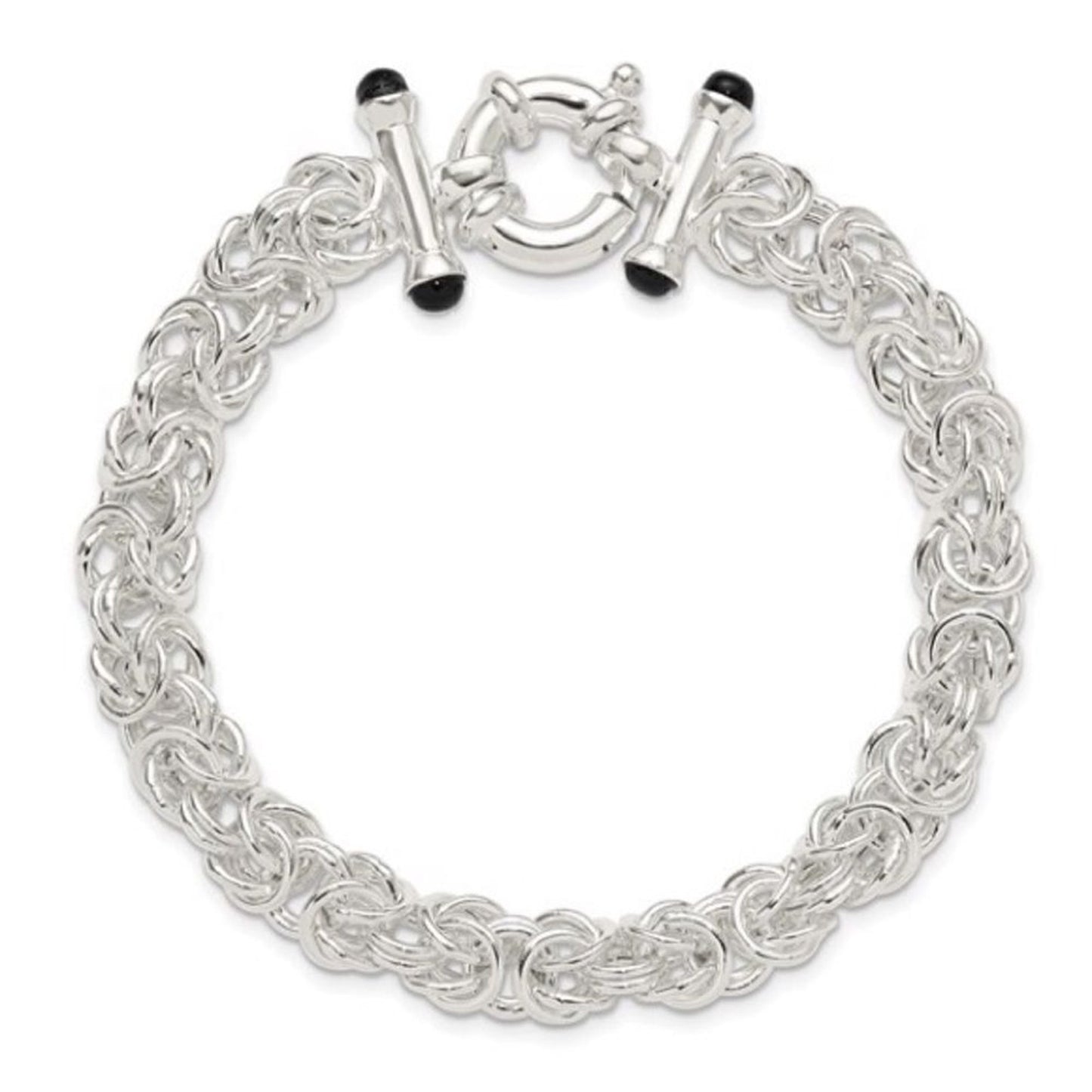 925 Solid Sterling Silver Black Onyx Byzantine Bracelet – 8" long- Brand New