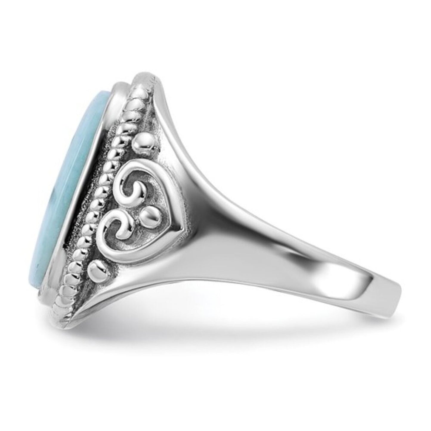 Sterling Silver Rhodium-Plated Oxidized Rectangular Larimar Ring – Filigree Desi