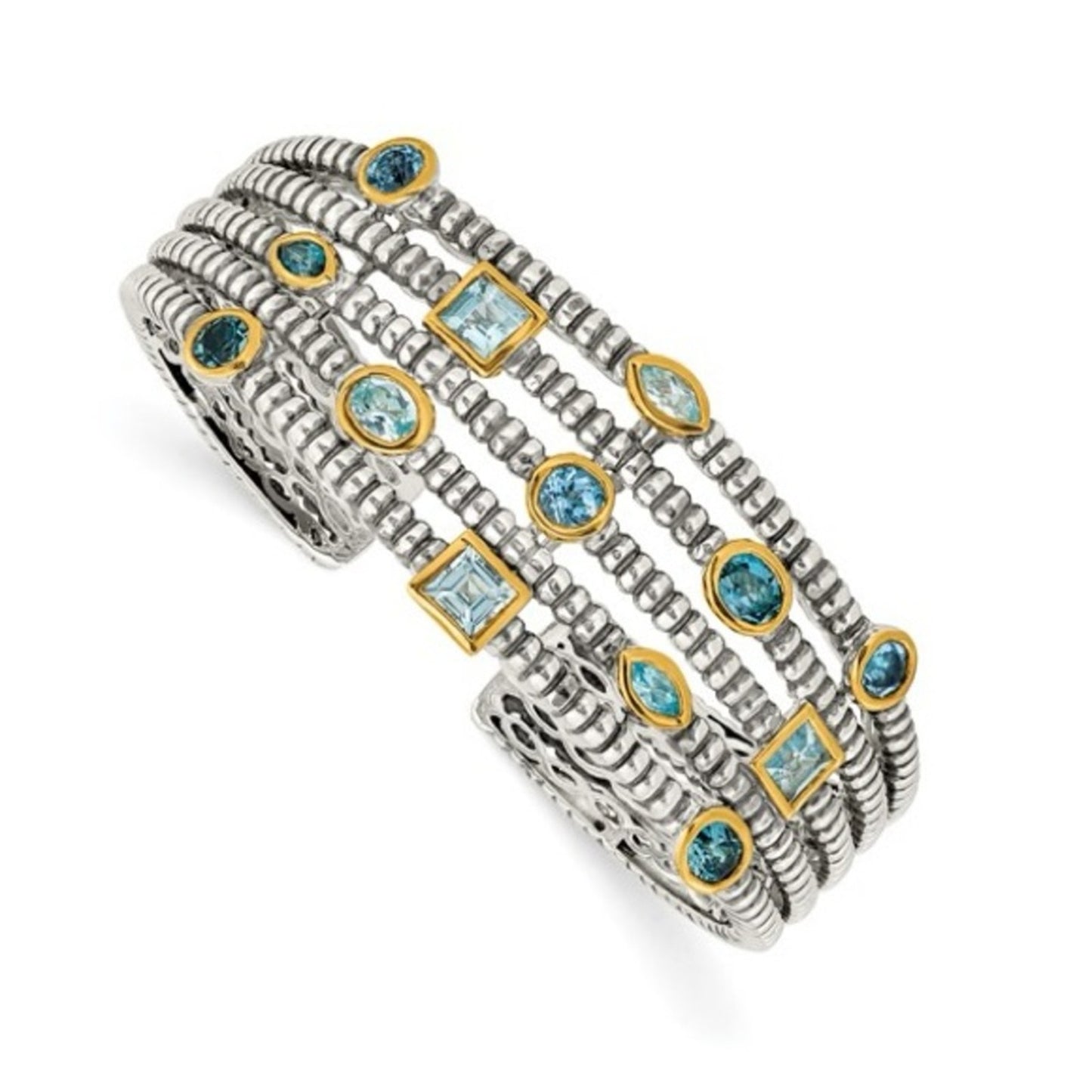 Shey Couture Silver & Gold Cuff Bracelet – Sky, Swiss & London Blue Topaz Stones